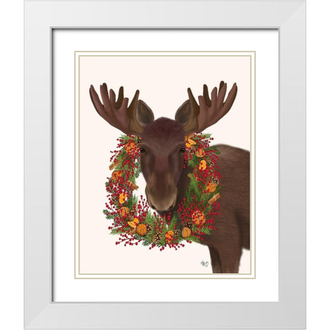 Christmas Moose and Cranberry Wreath White Modern Wood Framed Art Print with Double Matting by Fab Funky