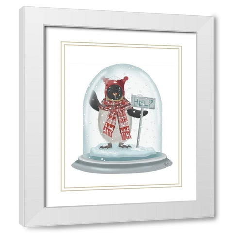 Christmas Penguin Snow Globe White Modern Wood Framed Art Print with Double Matting by Fab Funky