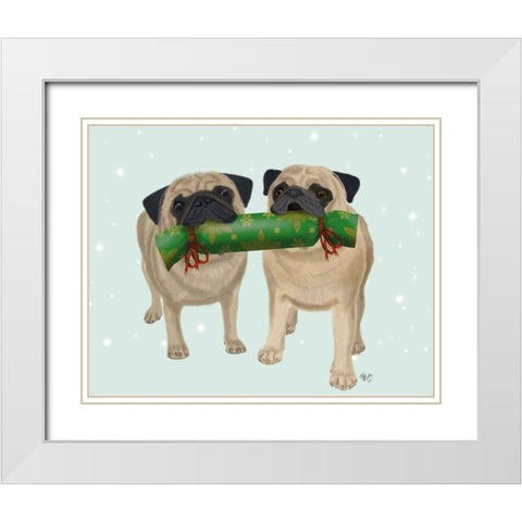 Christmas Pug Pair and Cracker White Modern Wood Framed Art Print with Double Matting by Fab Funky