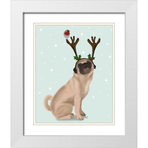 Christmas Pug with Antlers and Robin White Modern Wood Framed Art Print with Double Matting by Fab Funky