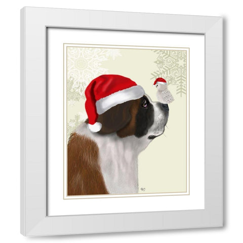 Christmas St Bernard and Fluffy Owl White Modern Wood Framed Art Print with Double Matting by Fab Funky