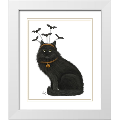 Halloween Black Cat and Bats White Modern Wood Framed Art Print with Double Matting by Fab Funky