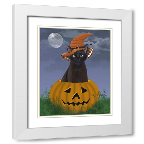 Halloween Black Cat in Pumpkin White Modern Wood Framed Art Print with Double Matting by Fab Funky