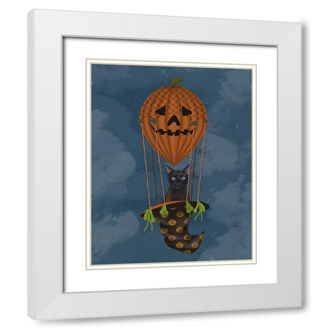 Halloween Black Cat in Pumpkin Hot Air Balloon White Modern Wood Framed Art Print with Double Matting by Fab Funky