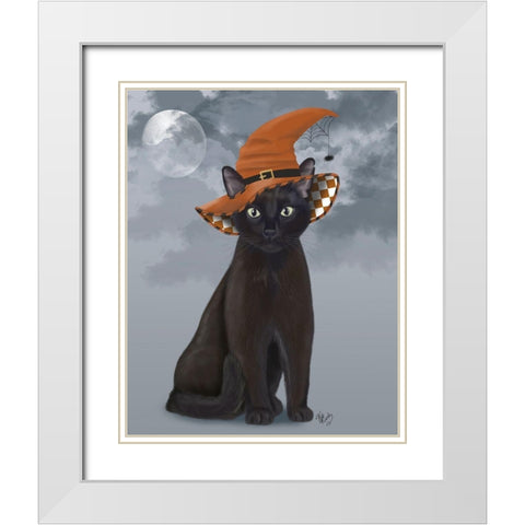 Halloween Black Cat in Witches Hat White Modern Wood Framed Art Print with Double Matting by Fab Funky