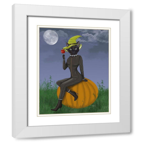 Halloween Cat and Toffee Apple White Modern Wood Framed Art Print with Double Matting by Fab Funky