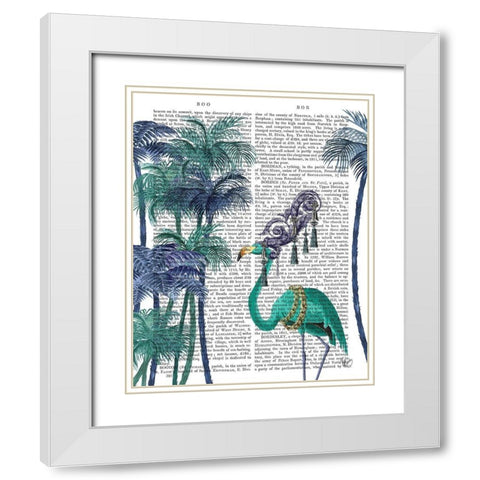 Green Flamingo Palm Trees White Modern Wood Framed Art Print with Double Matting by Fab Funky
