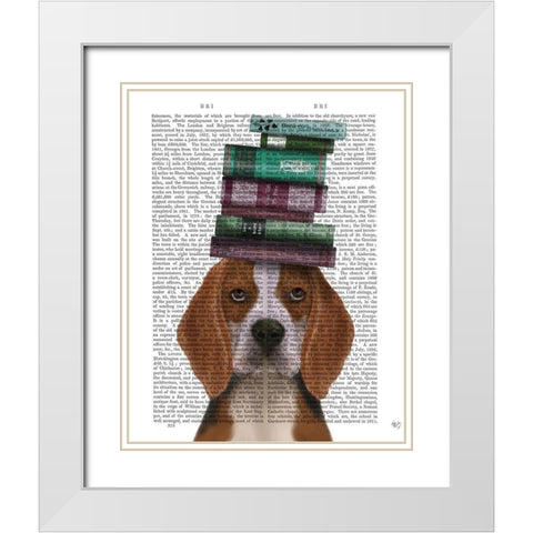 Beagle and Books White Modern Wood Framed Art Print with Double Matting by Fab Funky