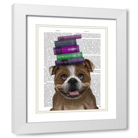 English Bulldog And Books White Modern Wood Framed Art Print with Double Matting by Fab Funky