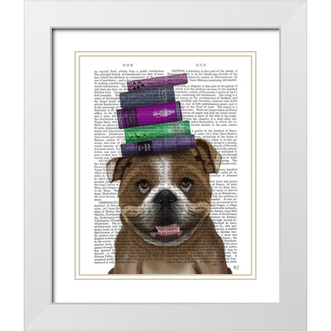 English Bulldog And Books White Modern Wood Framed Art Print with Double Matting by Fab Funky