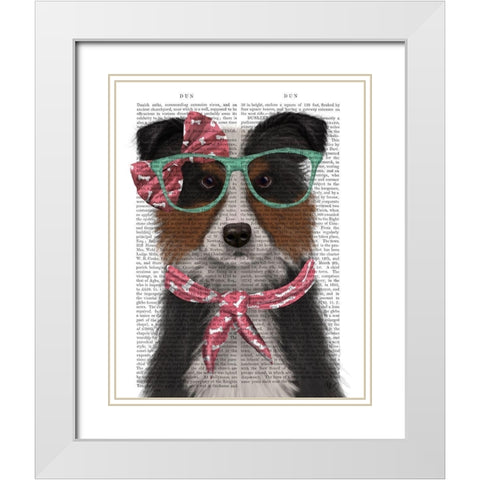 Border Collie, Tricolour, with Glasses and Scarf White Modern Wood Framed Art Print with Double Matting by Fab Funky