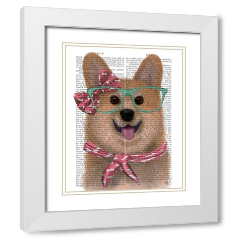 Corgi with Glasses and Scarf White Modern Wood Framed Art Print with Double Matting by Fab Funky