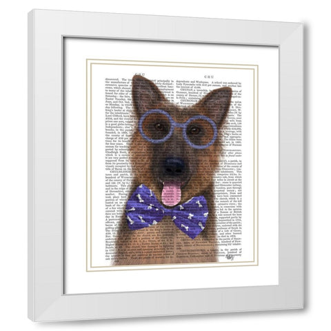 German Shepherd with Glasses and Bow Tie White Modern Wood Framed Art Print with Double Matting by Fab Funky