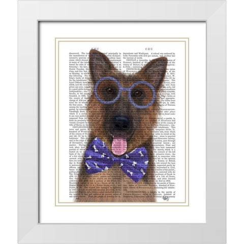 German Shepherd with Glasses and Bow Tie White Modern Wood Framed Art Print with Double Matting by Fab Funky