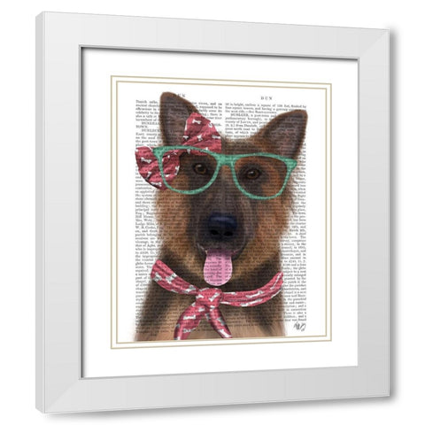 German Shepherd with Glasses and Scarf White Modern Wood Framed Art Print with Double Matting by Fab Funky