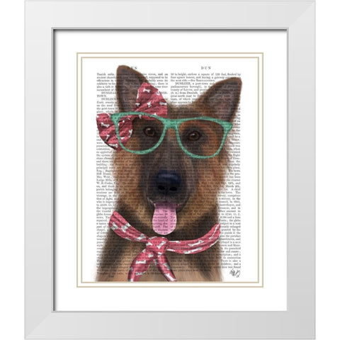 German Shepherd with Glasses and Scarf White Modern Wood Framed Art Print with Double Matting by Fab Funky
