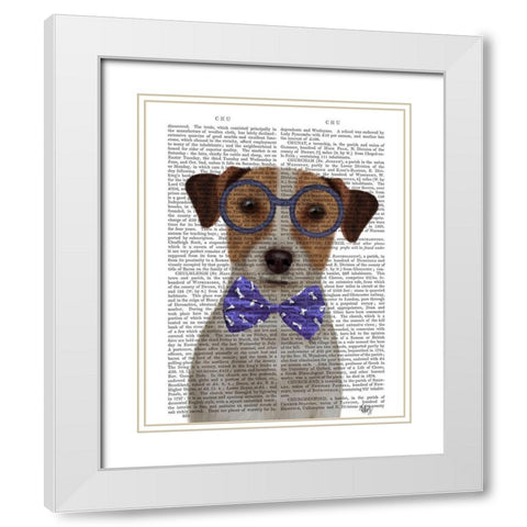 Jack Russell with Glasses and Bow Tie White Modern Wood Framed Art Print with Double Matting by Fab Funky