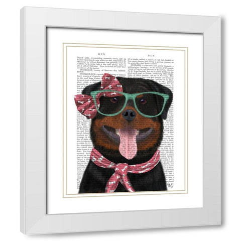 Rottweiler with Glasses and Scarf White Modern Wood Framed Art Print with Double Matting by Fab Funky