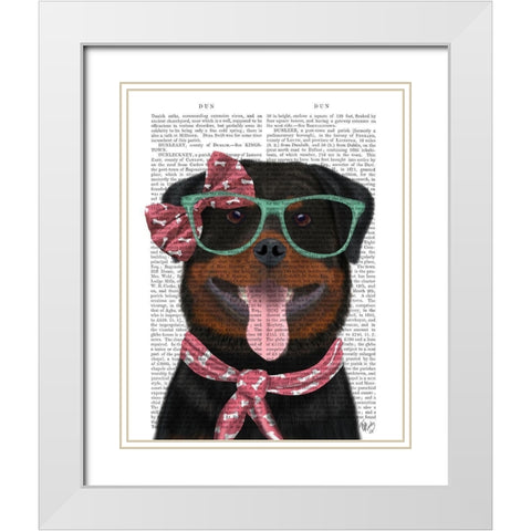 Rottweiler with Glasses and Scarf White Modern Wood Framed Art Print with Double Matting by Fab Funky