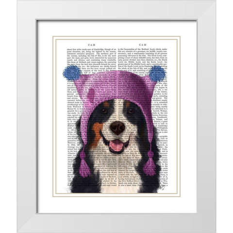 Bernese And Bobble Hat White Modern Wood Framed Art Print with Double Matting by Fab Funky