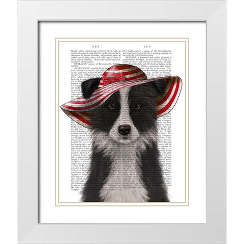 Border Collie in Red and White Floppy Hat White Modern Wood Framed Art Print with Double Matting by Fab Funky