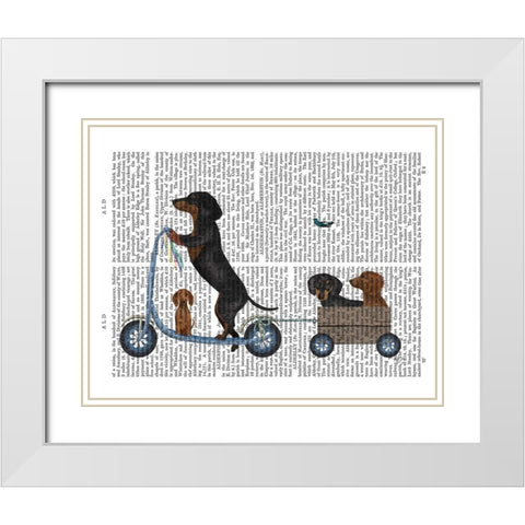 Dachshund Scooter White Modern Wood Framed Art Print with Double Matting by Fab Funky