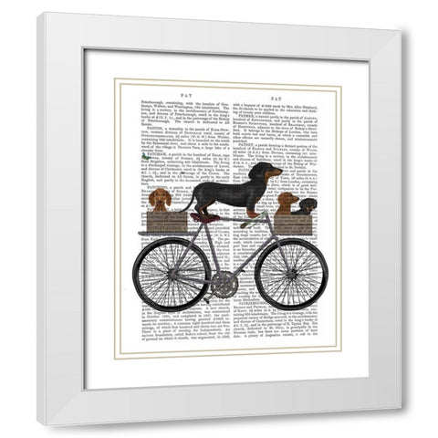 Dachshunds on Bicycle White Modern Wood Framed Art Print with Double Matting by Fab Funky