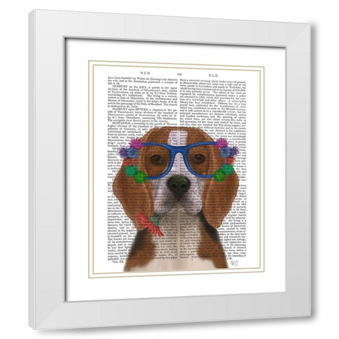 Beagle and Flower Glasses  White Modern Wood Framed Art Print with Double Matting by Fab Funky