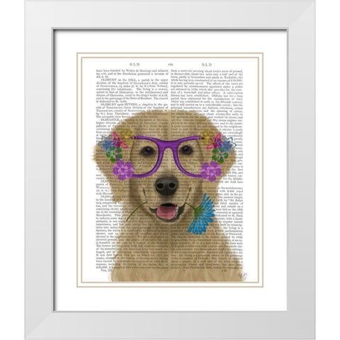 Golden Retriever and Flower Glasses White Modern Wood Framed Art Print with Double Matting by Fab Funky