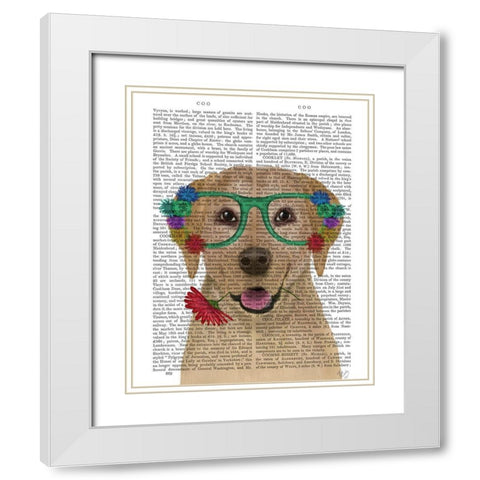 Yellow Labrador and Flower Glasses White Modern Wood Framed Art Print with Double Matting by Fab Funky
