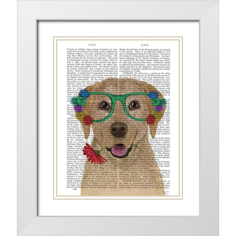 Yellow Labrador and Flower Glasses White Modern Wood Framed Art Print with Double Matting by Fab Funky