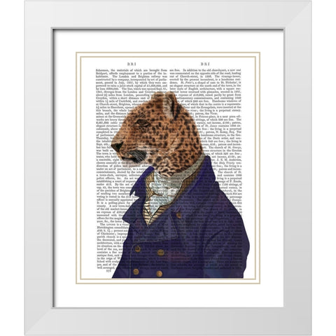 Leopard in Blue Jacket White Modern Wood Framed Art Print with Double Matting by Fab Funky