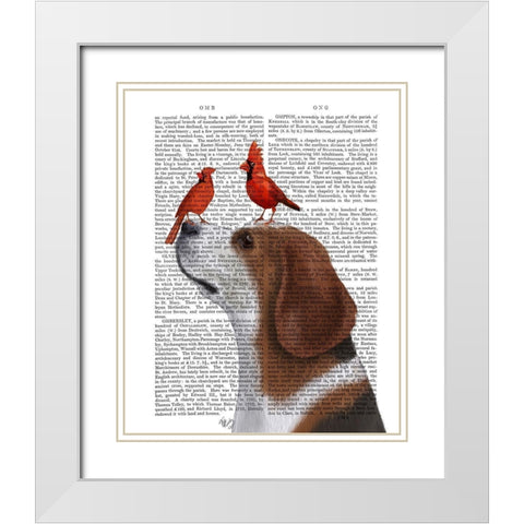 Beagle and Red Cardinals White Modern Wood Framed Art Print with Double Matting by Fab Funky