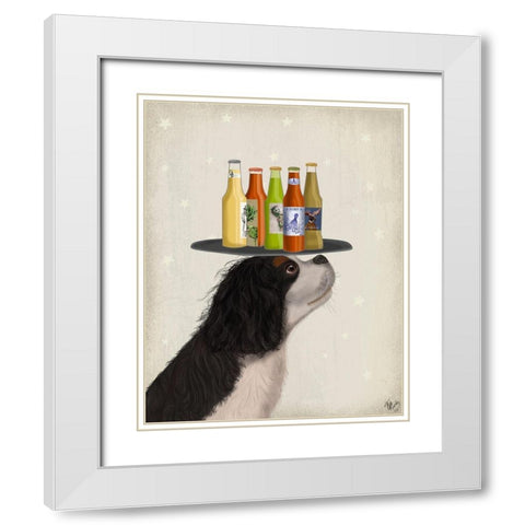 King Charles Spaniel Black White Beer Lover White Modern Wood Framed Art Print with Double Matting by Fab Funky