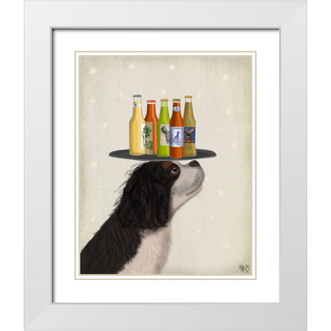 King Charles Spaniel Black White Beer Lover White Modern Wood Framed Art Print with Double Matting by Fab Funky