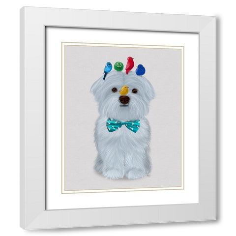 Maltese and Birds White Modern Wood Framed Art Print with Double Matting by Fab Funky
