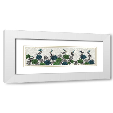 Blooming Birds, Blue and Green White Modern Wood Framed Art Print with Double Matting by Fab Funky