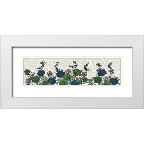 Blooming Birds, Blue and Green White Modern Wood Framed Art Print with Double Matting by Fab Funky