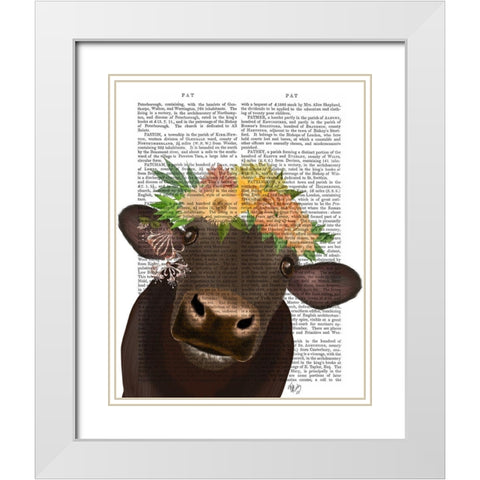 Cow with Flower Crown 1 Book Print White Modern Wood Framed Art Print with Double Matting by Fab Funky