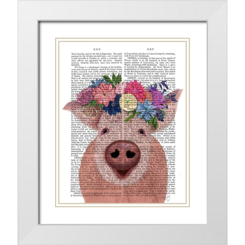 Pig and Flower Crown Book Print White Modern Wood Framed Art Print with Double Matting by Fab Funky