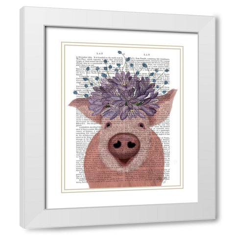 Pig and Lilac Flowers Book Print White Modern Wood Framed Art Print with Double Matting by Fab Funky