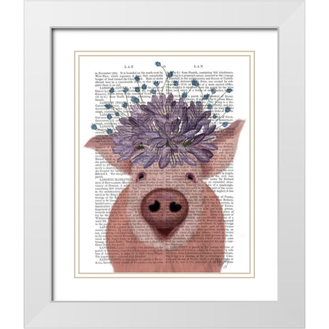 Pig and Lilac Flowers Book Print White Modern Wood Framed Art Print with Double Matting by Fab Funky