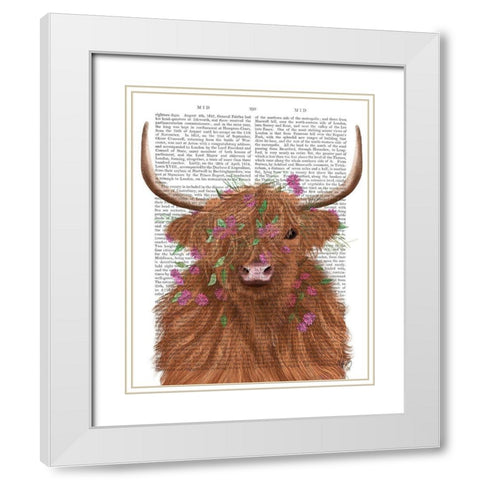 Highland Cow 1, Pink Flowers Book Print White Modern Wood Framed Art Print with Double Matting by Fab Funky