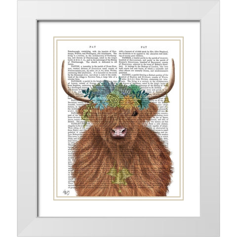 Highland Cow Bohemian 1 Book Print White Modern Wood Framed Art Print with Double Matting by Fab Funky