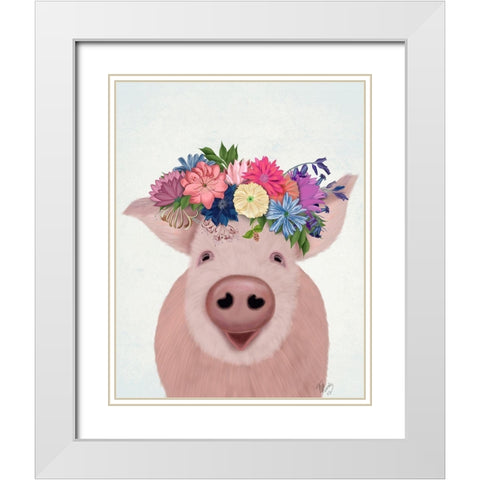 Pig and Flower Crown White Modern Wood Framed Art Print with Double Matting by Fab Funky