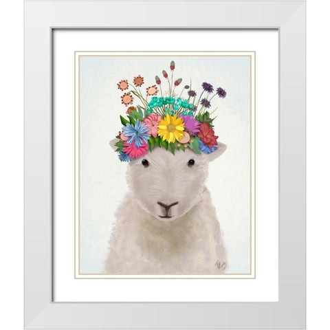 Sheep with Flower Crown 1 White Modern Wood Framed Art Print with Double Matting by Fab Funky