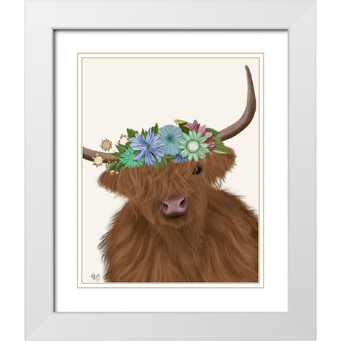 Highland Cow with Flower Crown 2, Portrait White Modern Wood Framed Art Print with Double Matting by Fab Funky