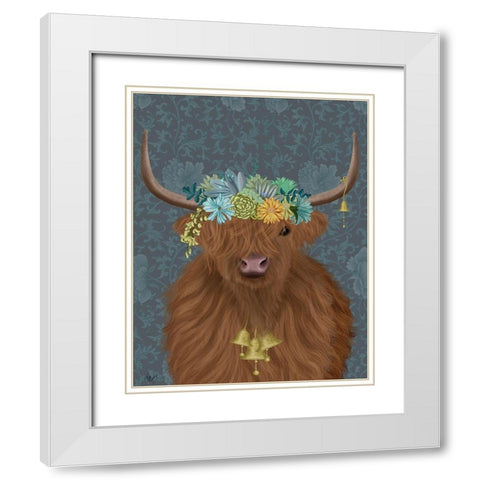 Highland Cow Bohemian 1 White Modern Wood Framed Art Print with Double Matting by Fab Funky