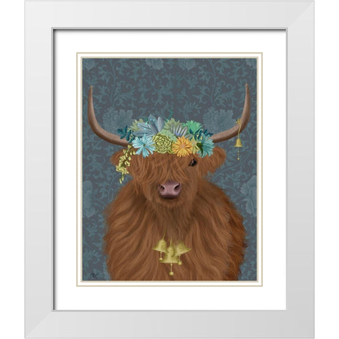 Highland Cow Bohemian 1 White Modern Wood Framed Art Print with Double Matting by Fab Funky