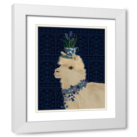 Llama Teacup and Blue Flowers White Modern Wood Framed Art Print with Double Matting by Fab Funky